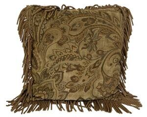 Borgata Luxury Decorative Pillow Long Rope Fringe Tan Paisley Tapestry 15”